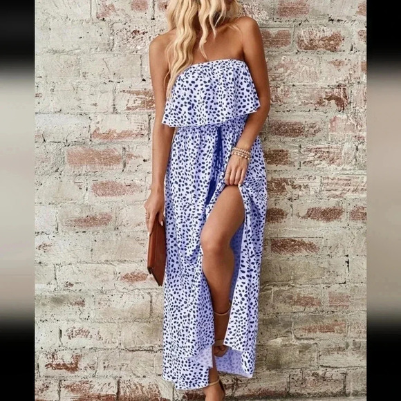Women's Printed Strapless Maxi Dress With High Slit - Picture 1 of 7